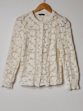 Pretty Garden Cream Lace Blouse Floral Hearts Crochet Dressy Scalloped Small